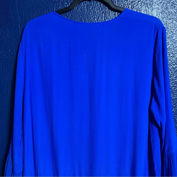 Zara Mini Dress Women Royal Blue Accordion 3/4 Bell Sleeve Tier Pleated Hem - Picture 6 of 9